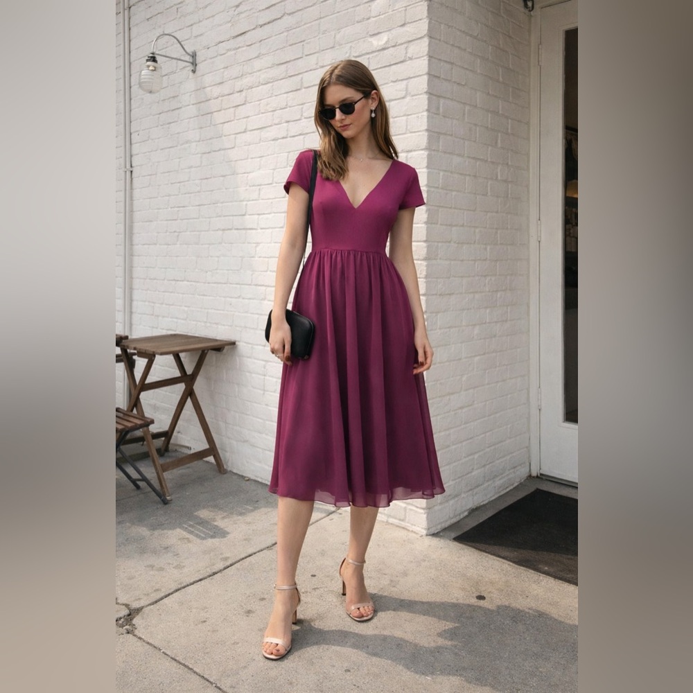 Dress the Population Berry V-Neck Short Sleeve Midi Dress